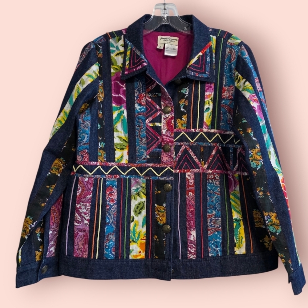 Vintage Norm Thompson Multicolor Patchwork Jean Jacket Size Medium